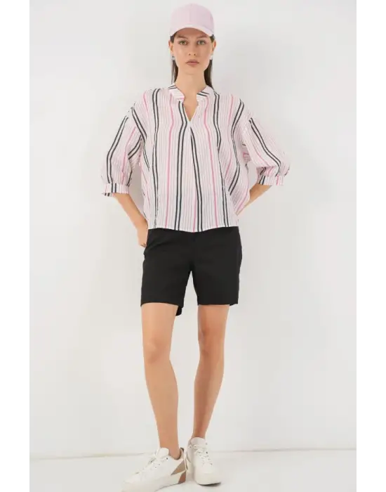 Çizgili Oversize Bluz 967 - Pembe