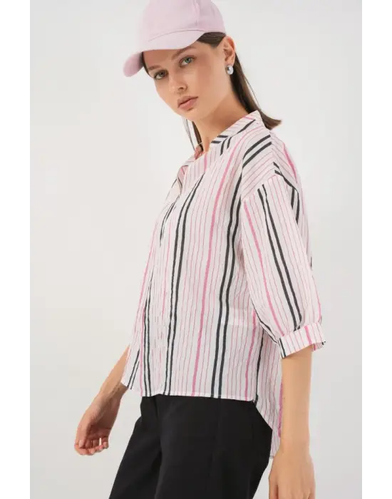 Çizgili Oversize Bluz 967 - Pembe