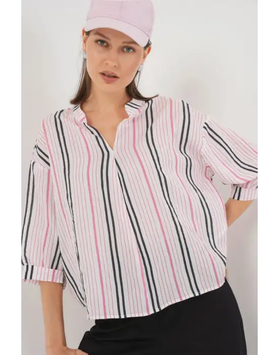 Çizgili Oversize Bluz 967 - Pembe
