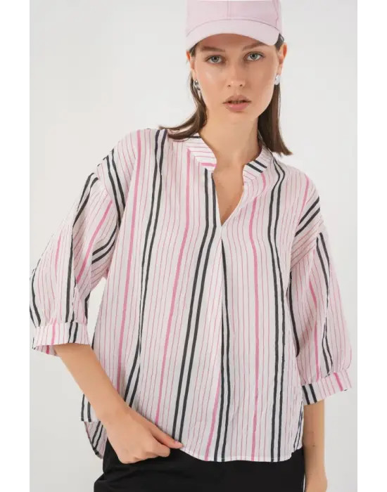 Çizgili Oversize Bluz 967 - Pembe