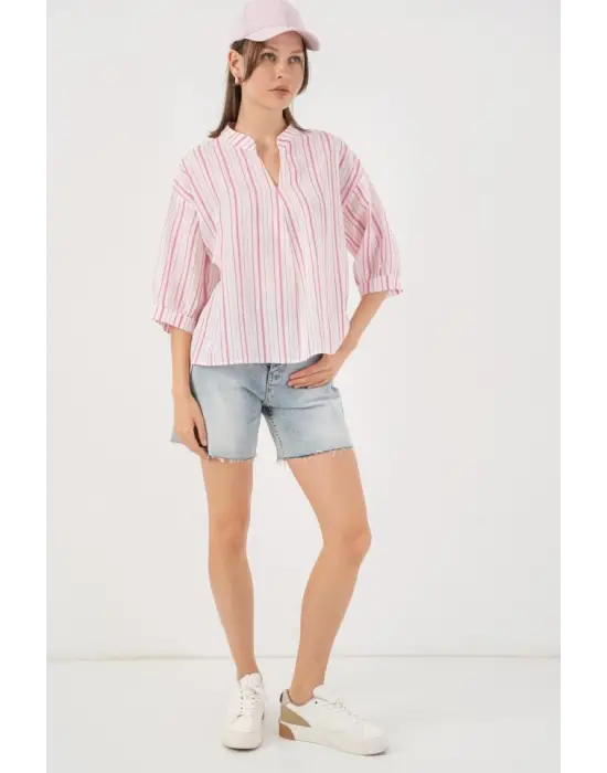 Çizgili Oversize Bluz 967 - Pudra