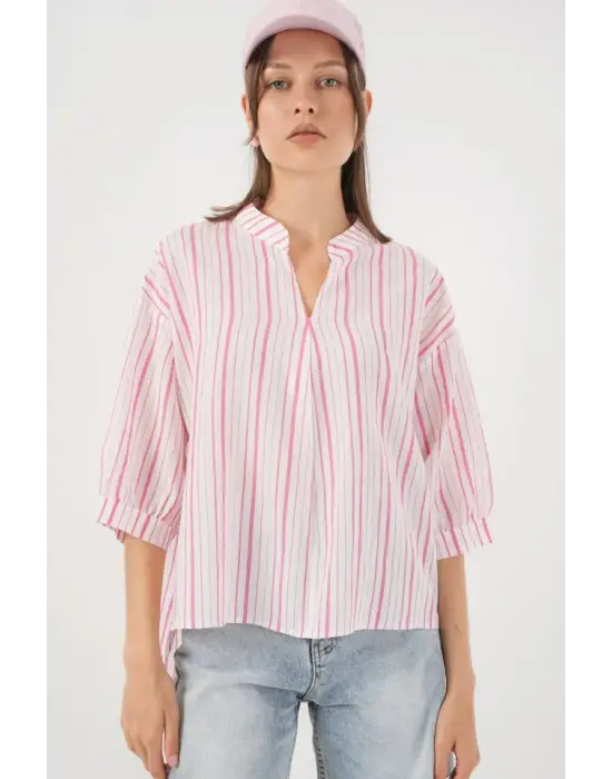 Çizgili Oversize Bluz 967 - Pudra