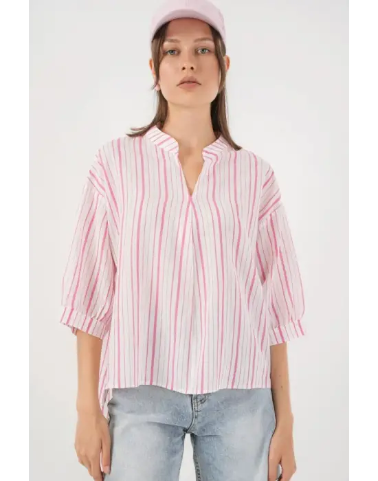 Çizgili Oversize Bluz 967 - Pudra