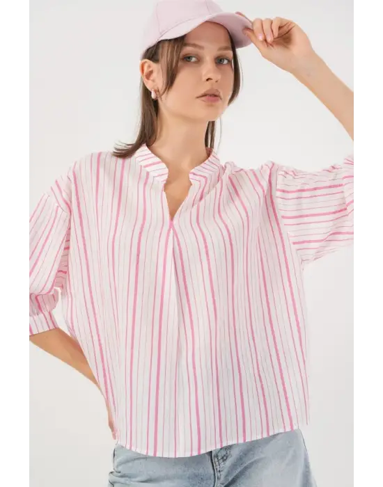Çizgili Oversize Bluz 967 - Pudra