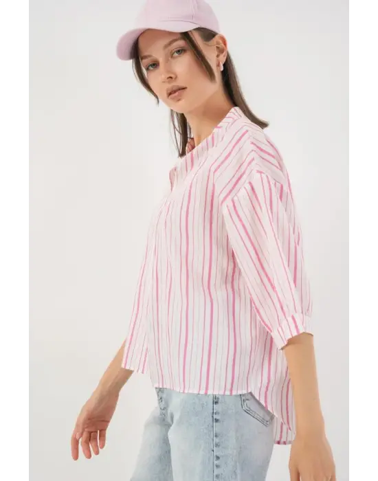 Çizgili Oversize Bluz 967 - Pudra