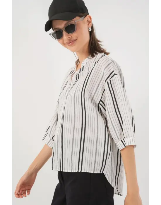 Çizgili Oversize Bluz 967 - Taş