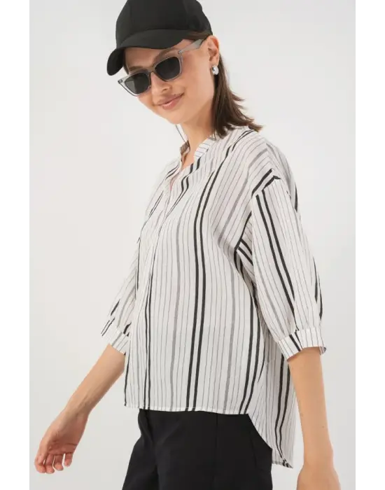 Çizgili Oversize Bluz 967 - Taş