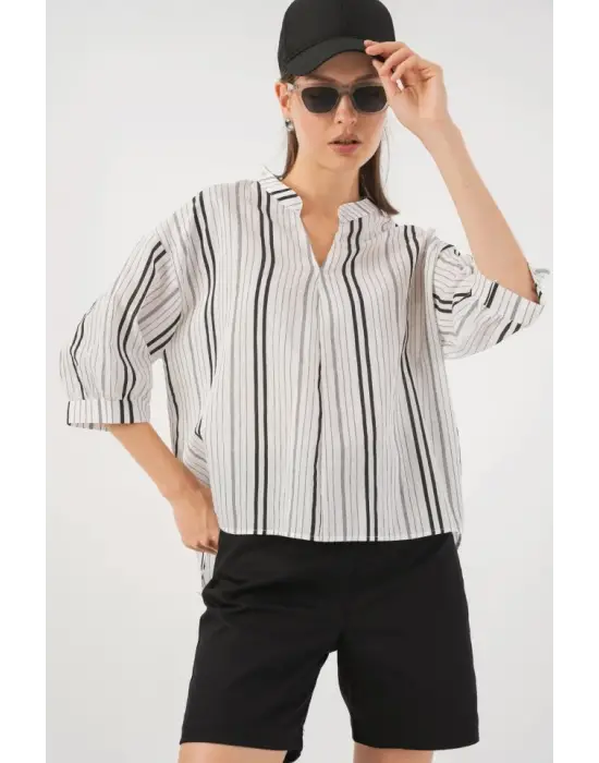 Çizgili Oversize Bluz 967 - Taş