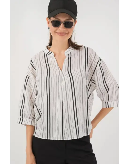 Çizgili Oversize Bluz 967 - Taş