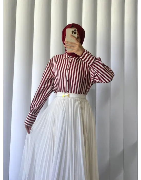 Omarı Çizgili Oversize Düğmeli Bordo Gömlek