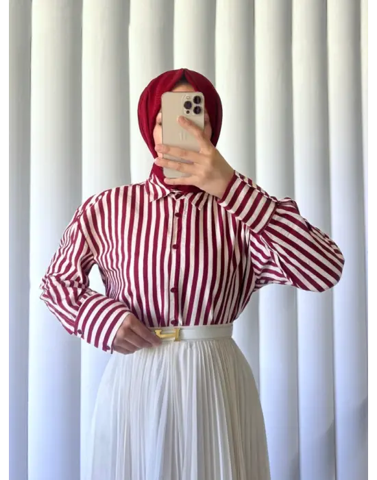 Omarı Çizgili Oversize Düğmeli Bordo Gömlek