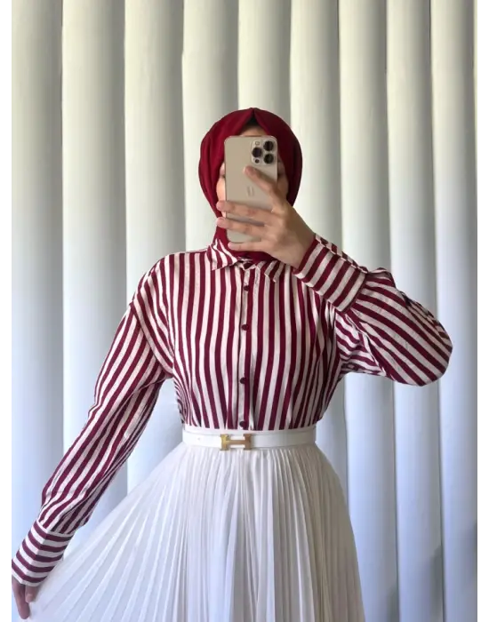 Omarı Çizgili Oversize Düğmeli Bordo Gömlek