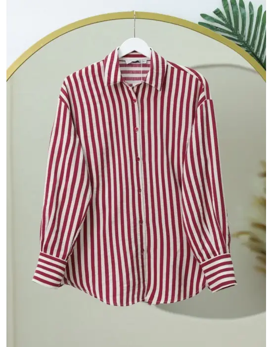 Omarı Çizgili Oversize Düğmeli Bordo Gömlek