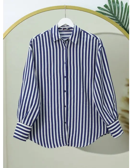 Omarı Çizgili Oversize Düğmeli Gömlek