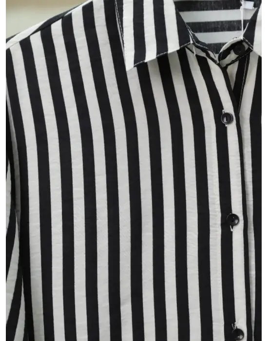 Omarı Trendy Oversize Çizgili Düğmeli Siyah Gömlek