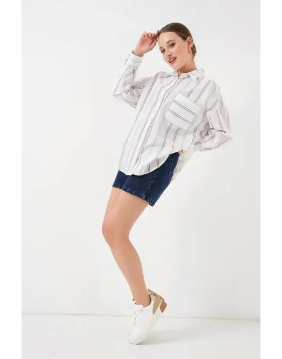 Çizgili Oversize Gömlek 20278 - B.Beyaz