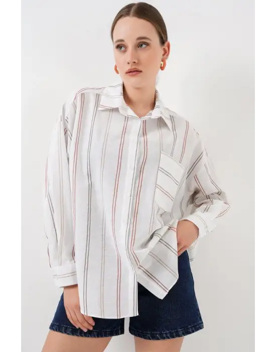 Çizgili Oversize Gömlek 20278 - B.Beyaz