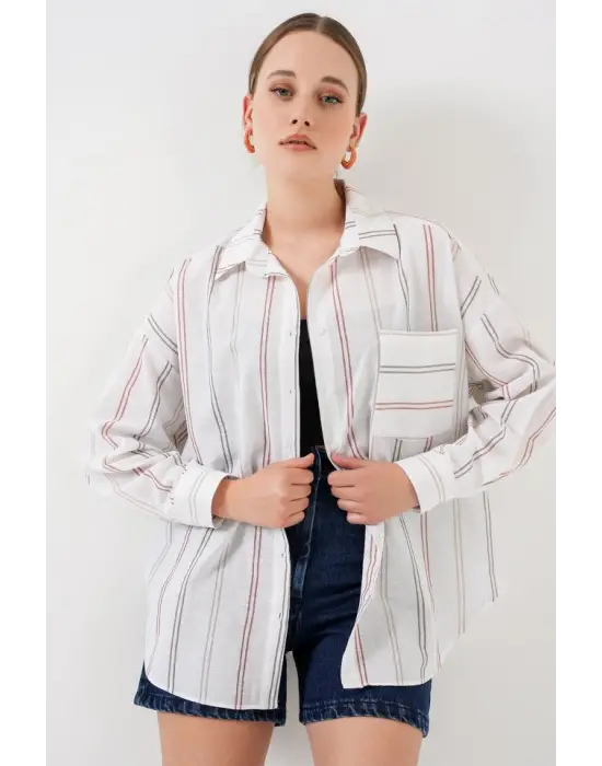 Çizgili Oversize Gömlek 20278 - B.Beyaz