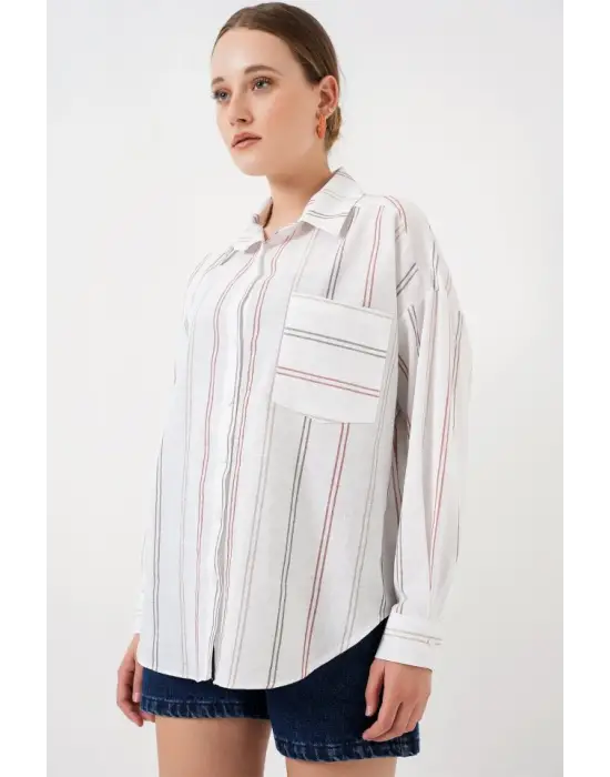 Çizgili Oversize Gömlek 20278 - B.Beyaz
