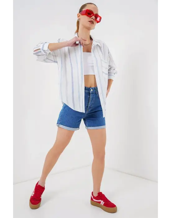 Çizgili Oversize Gömlek 20278 - Beyaz