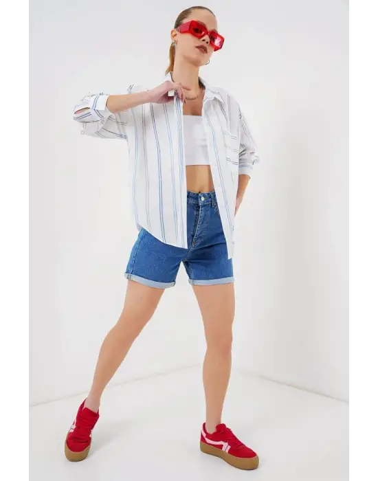 Çizgili Oversize Gömlek 20278 - Beyaz