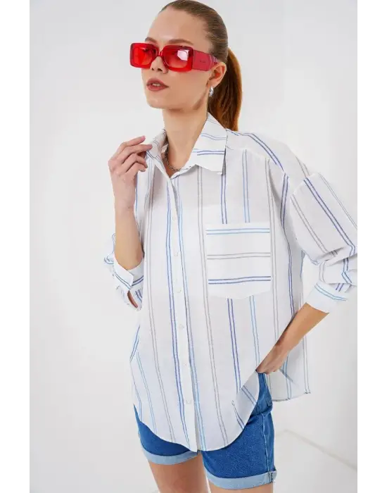 Çizgili Oversize Gömlek 20278 - Beyaz