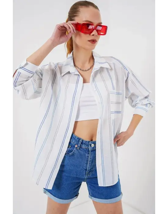 Çizgili Oversize Gömlek 20278 - Beyaz