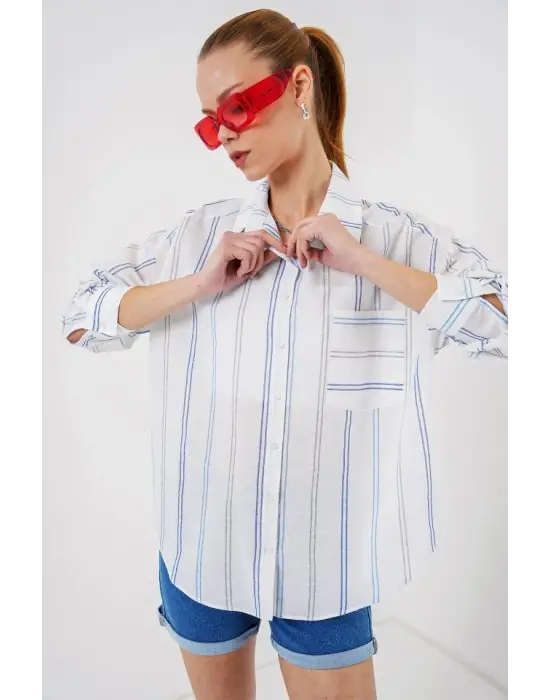 Çizgili Oversize Gömlek 20278 - Beyaz