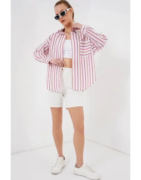 Çizgili Oversize Gömlek 20278 - Kırmızı