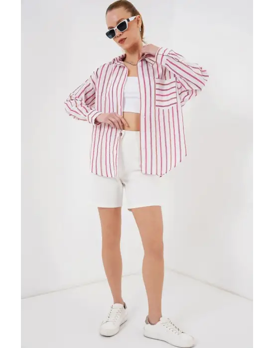 Çizgili Oversize Gömlek 20278 - Kırmızı