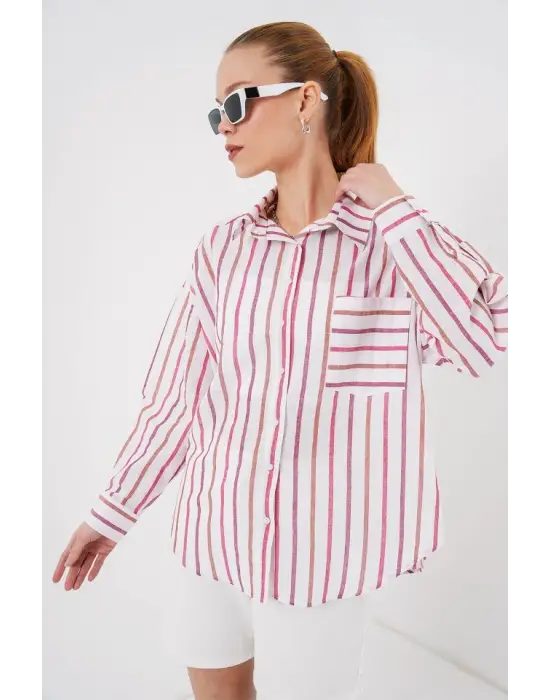 Çizgili Oversize Gömlek 20278 - Kırmızı