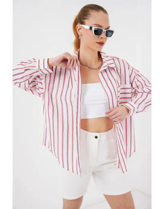 Çizgili Oversize Gömlek 20278 - Kırmızı