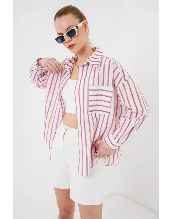 Çizgili Oversize Gömlek 20278 - Kırmızı