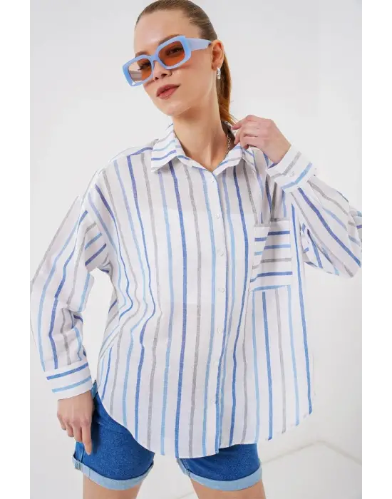 Çizgili Oversize Gömlek 20278 - Mavi