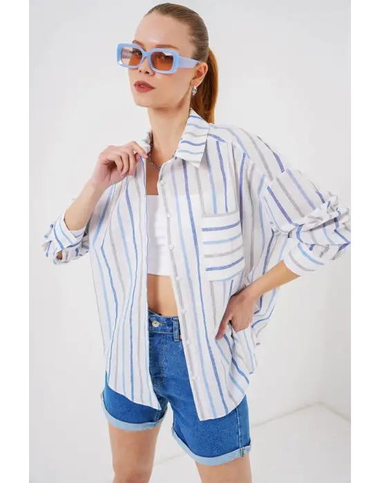 Çizgili Oversize Gömlek 20278 - Mavi