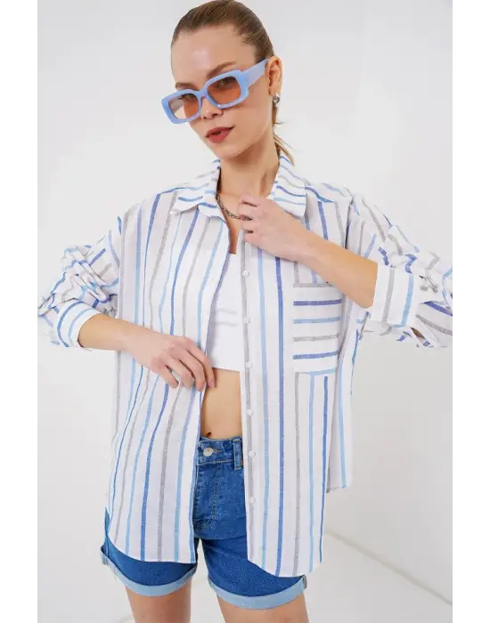 Çizgili Oversize Gömlek 20278 - Mavi
