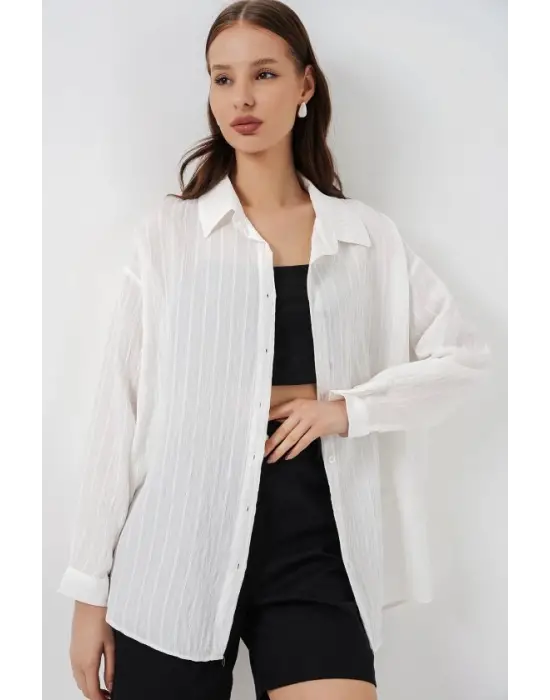 Çizgili Oversize Gömlek 20293 - Beyaz