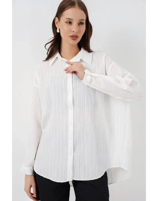 Çizgili Oversize Gömlek 20293 - Beyaz