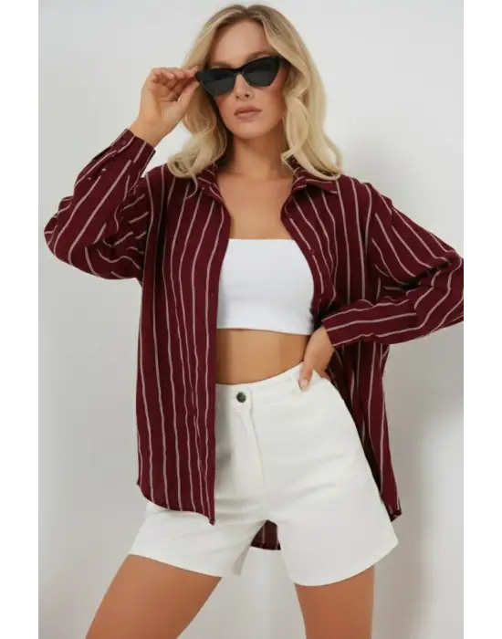 Çizgili Oversize Gömlek 20293 - Bordo