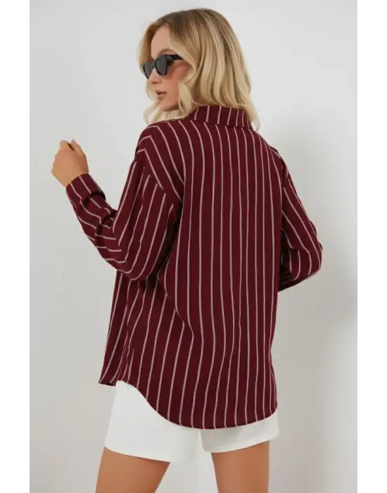 Çizgili Oversize Gömlek 20293 - Bordo