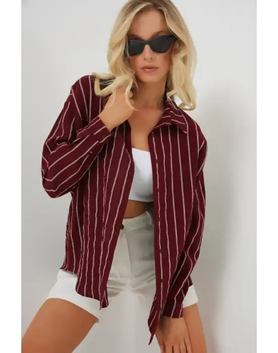 Çizgili Oversize Gömlek 20293 - Bordo