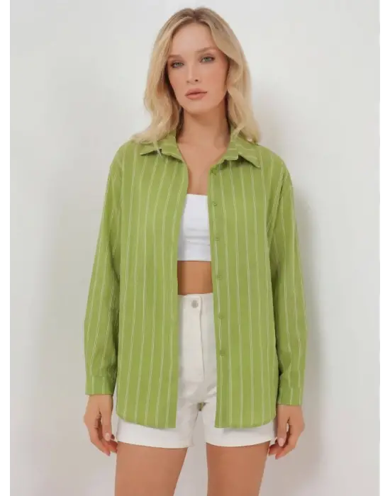 Çizgili Oversize Gömlek 20293 - E.Yeşil
