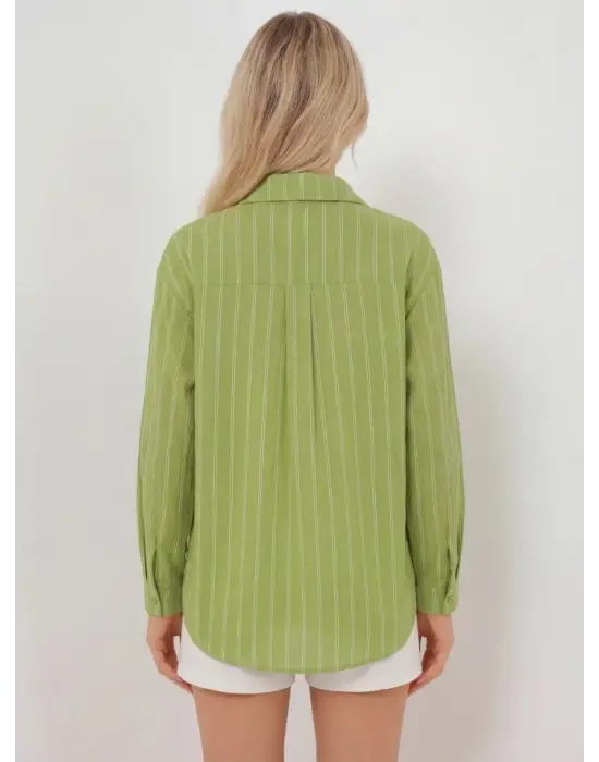 Çizgili Oversize Gömlek 20293 - E.Yeşil