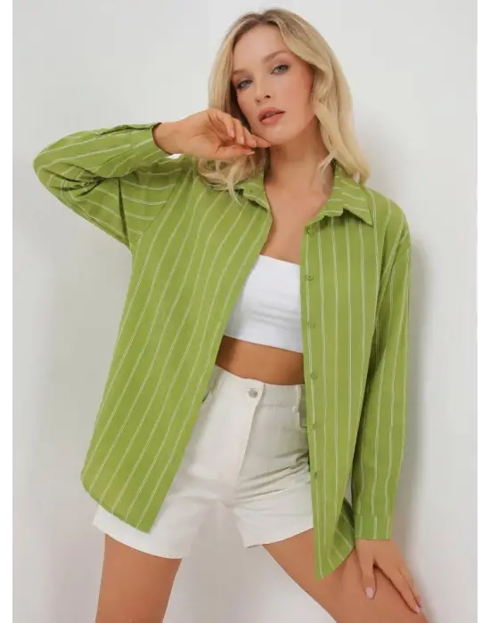 Çizgili Oversize Gömlek 20293 - E.Yeşil