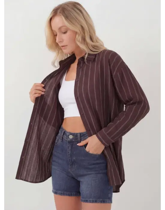 Çizgili Oversize Gömlek 20293 - Kahverengi