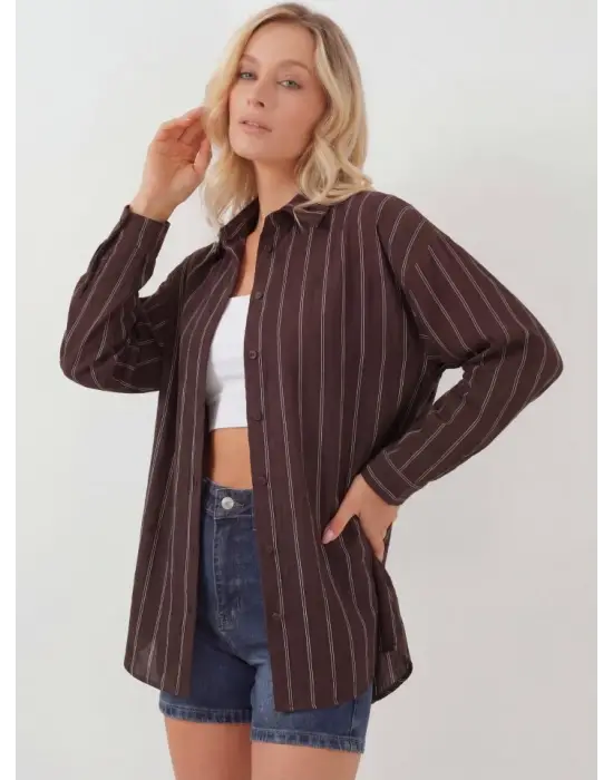 Çizgili Oversize Gömlek 20293 - Kahverengi