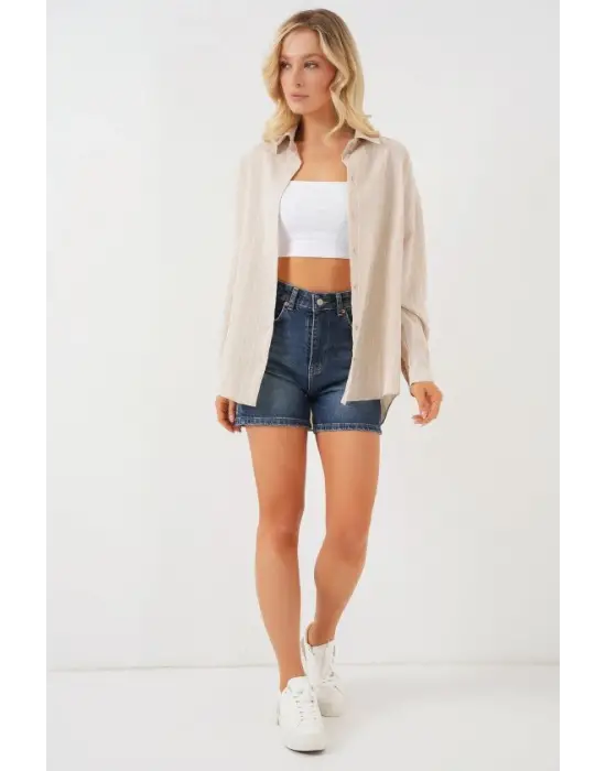 Çizgili Oversize Gömlek 20293 - Krem