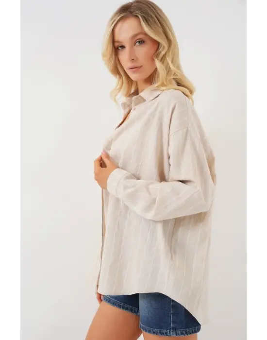 Çizgili Oversize Gömlek 20293 - Krem