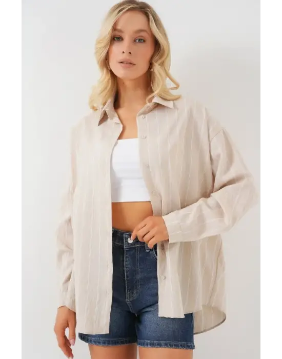 Çizgili Oversize Gömlek 20293 - Krem