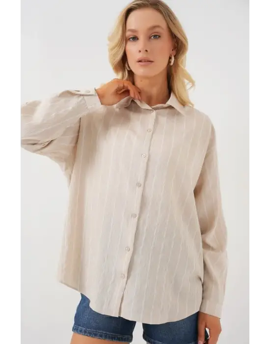 Çizgili Oversize Gömlek 20293 - Krem